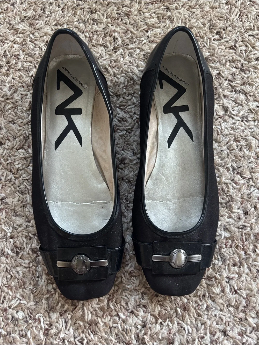 Anne Klein Black Square-Toe Ballet Flats with Silver Buckle